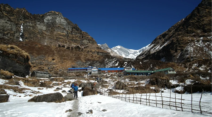 Snowy view of Machhapuchhare Base Camp