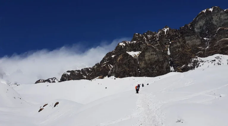 Trekkers walking on snow en route ABC Trek