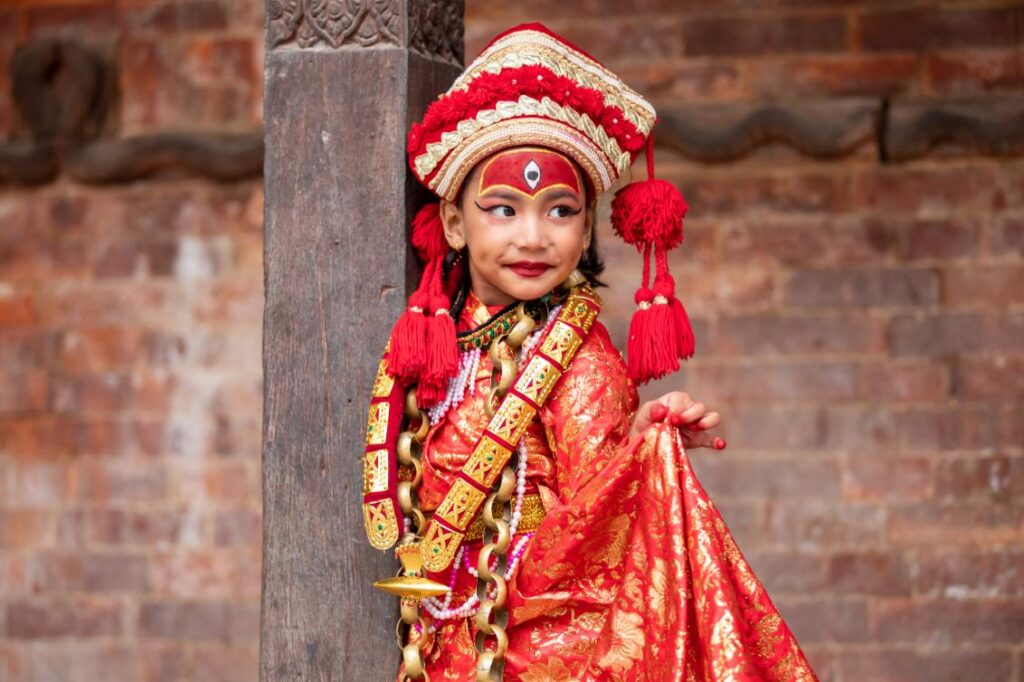 nepalese girl dress up life living goddess kumari occasion kumari puja kathmandu nepal 1