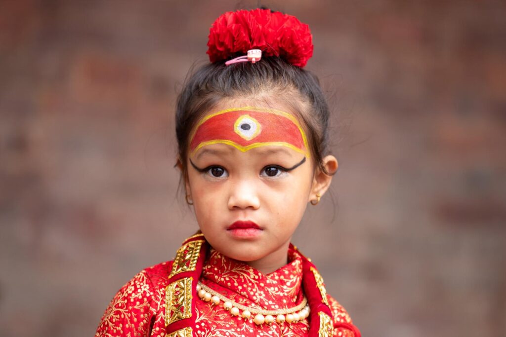 nepalese girl dress up life living goddess kumari occasion kumari puja kathmandu nepal