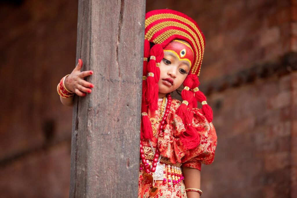 nepalese girl dress up life living goddess kumari occasion kumari puja kathmandu nepal 2