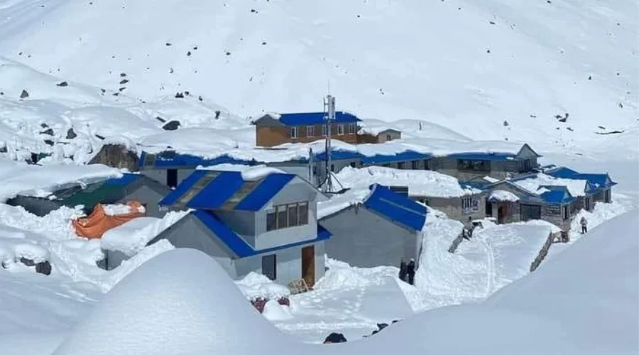 Teahouses covered in snow in Gorakshep