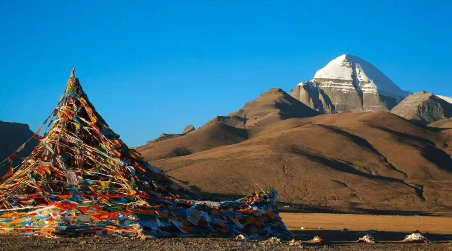 Beautiful view of Mount Kailash along with prayer flags